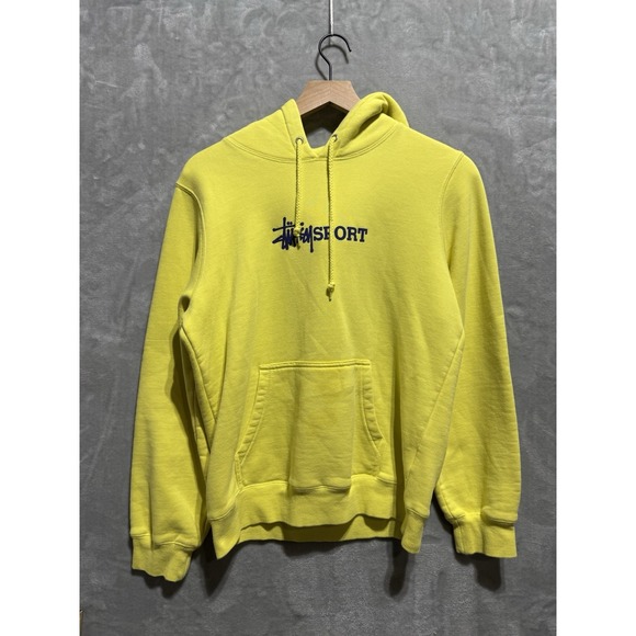 Stussy Sport Hoodie Small Yellow Pullover Sweatshirt Bold Logo Streetwear - Picture 1 of 10